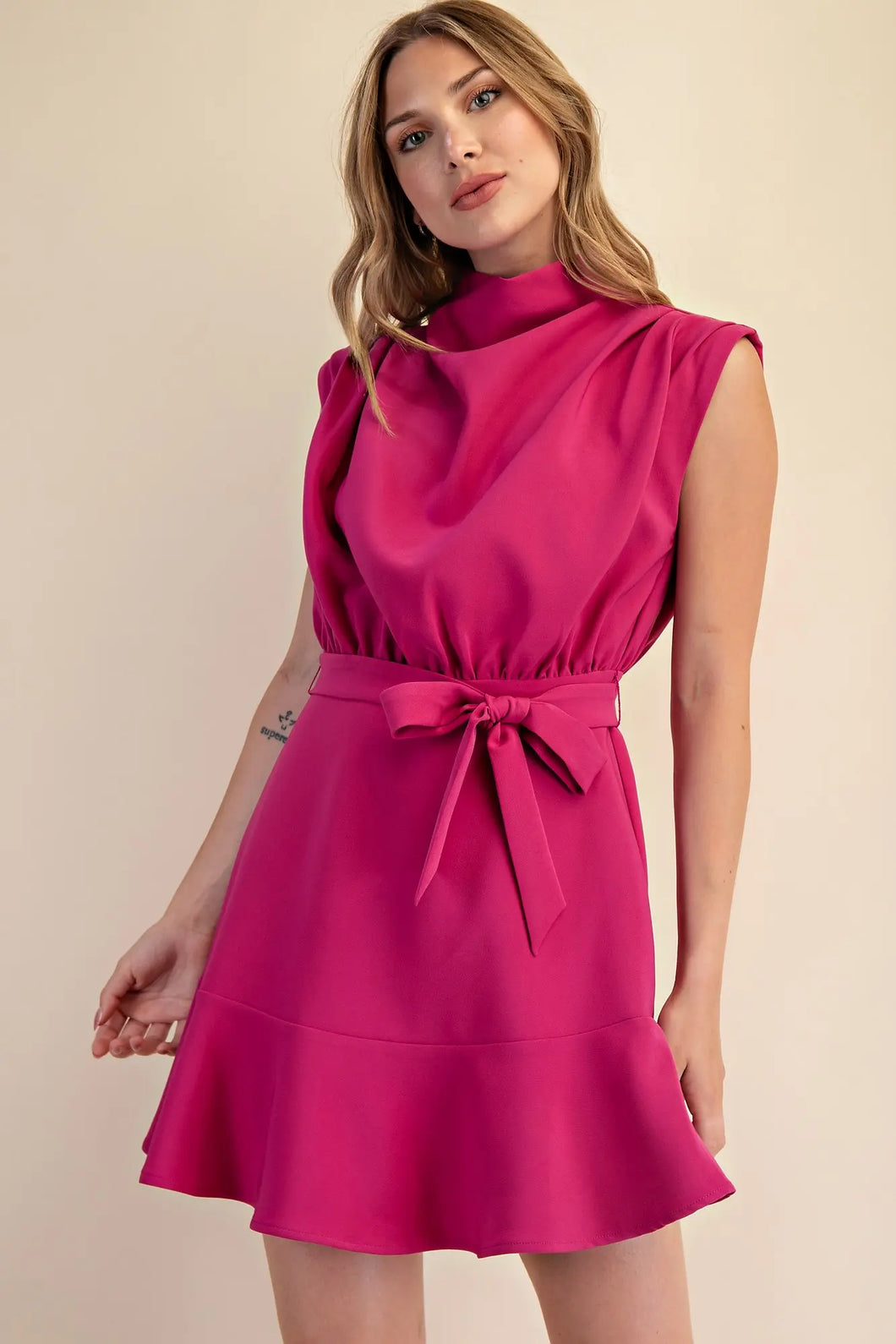 Mock Neck Slvls Tie Front Dress Magenta