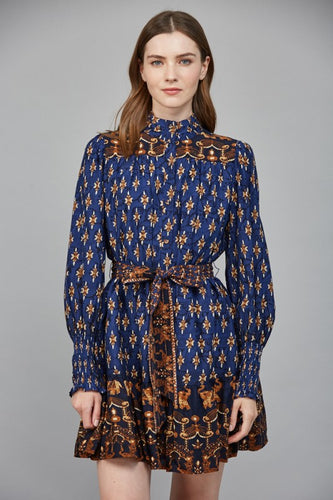 Navy Multi Print Mini Ruffled Dress