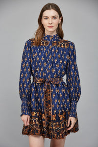Navy Multi Print Mini Ruffled Dress