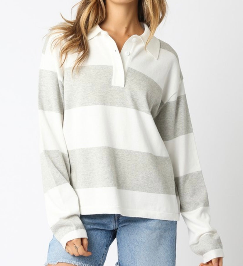 Off White/Grey Striped Button Sweater