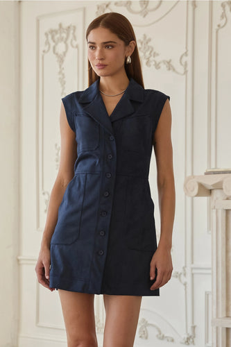Navy Slvls Suede Button Dress