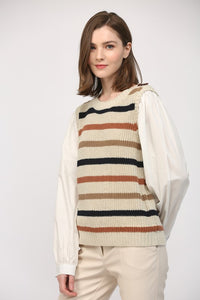Taupe/Off White Striped Sweater w/ Poplin Undershirt