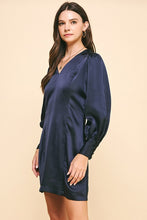 Load image into Gallery viewer, Navy Satin LS V-Neck Mini Dress