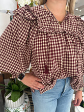 Load image into Gallery viewer, Maroon/Taupe Checkered LS Frnt Tie Top