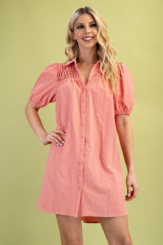 Salmon Puff Slv Smocking Dress