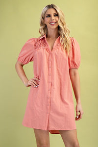 Salmon Puff Slv Smocking Dress