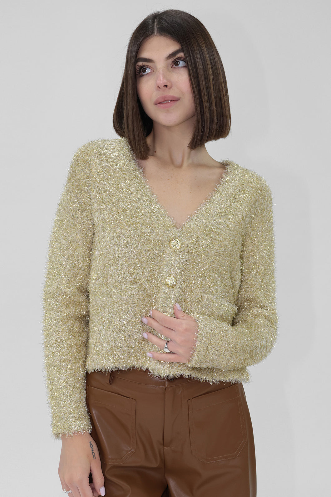 Gold Sparkly Gold Button Sweater