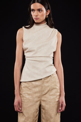 Beige Leather Distressed Asymetrical Top