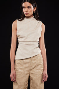 Beige Leather Distressed Asymetrical Top
