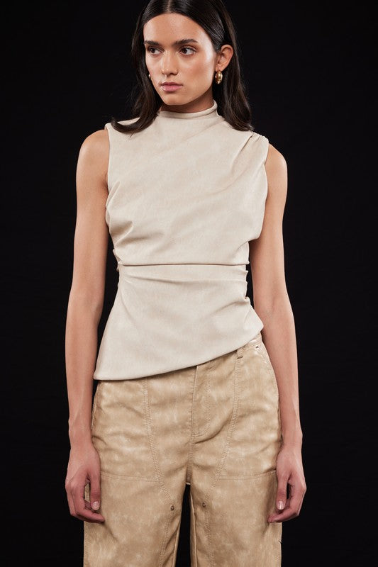 Beige Leather Distressed Asymetrical Top