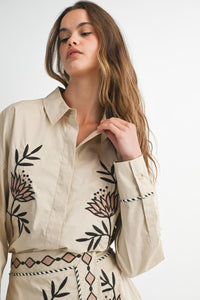 Taupe Embroidered Button Down Shirt + Skirt Set