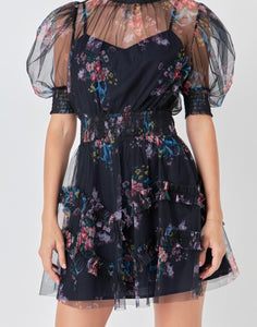 Navy Floral Ruffled Mesh Dress