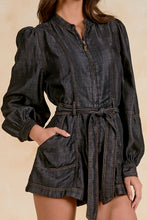 Load image into Gallery viewer, Black Wash LS Tie Belt Romper