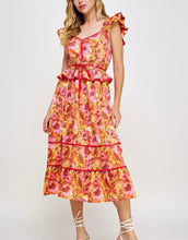 Load image into Gallery viewer, Orange Multi Floral Piping Midi Dress