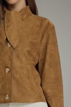 Load image into Gallery viewer, Brown Suede Scarf Detail Button Jacket