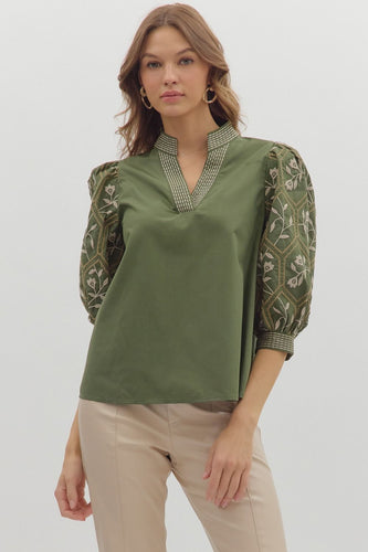 Olive Embroidered Slv V-Neck Top