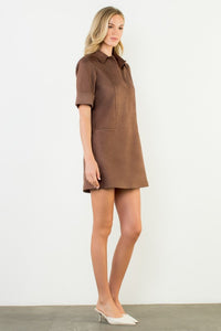 Dark Brown SS Collared Suede Dress (THML)