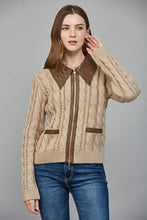 Load image into Gallery viewer, Taupe Contrast Leather Trim Frnt Zip Sweater
