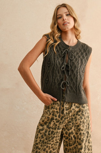 Olive Tie Frnt Cable Knit Vest