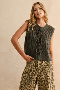 Olive Tie Frnt Cable Knit Vest