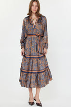 Load image into Gallery viewer, Dark Brown/Navy Printed LS Tie Waist Dress