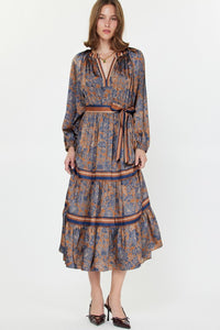 Dark Brown/Navy Printed LS Tie Waist Dress