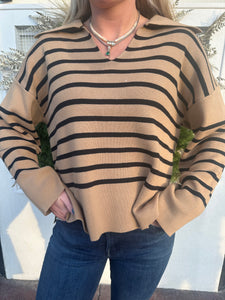 Taupe/Black Collared V-Neck Sweater