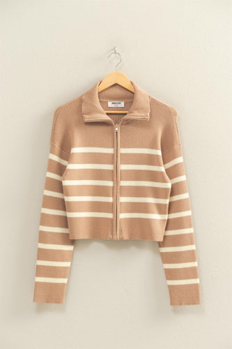 Taupe/White Striped Zip Through Sweater