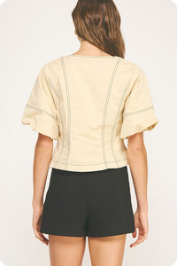 Cream/Black Stitch Puff Slv Top