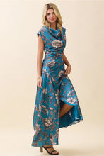 Load image into Gallery viewer, Blue Printed Satin Draped Cowl Neck Ruched Dress