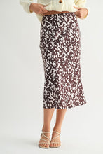 Load image into Gallery viewer, Brown/Ivory Abstract Print Satin Midi Skirt
