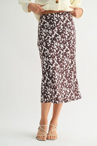 Brown/Ivory Abstract Print Satin Midi Skirt