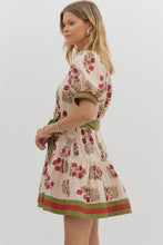 Load image into Gallery viewer, Ecru/Green Printed Tie Frnt Puff Slv Dress