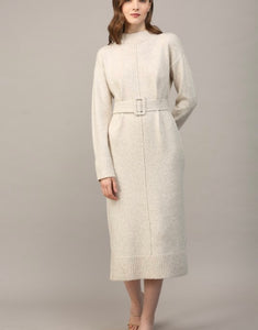 Oatmeal Belted Mock Neck Sweater Dress