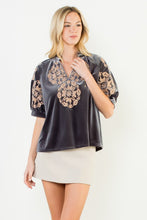 Load image into Gallery viewer, Grey Crushed Velvet Puff Slv Embroidered Top (THML)