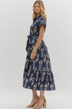 Load image into Gallery viewer, Navy Printed Button Down Tie Waist Dress