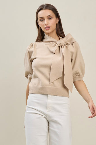 Taupe Bow Tie Puff Slv Sweater Top