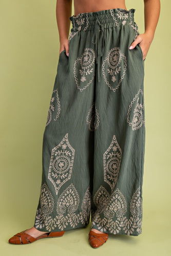 Olive Metallic Embroidery Wide Leg Pants