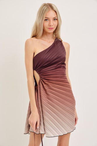 Brown Ombré Pleated Cut Out Waist Dress