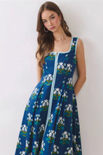 Load image into Gallery viewer, Navy Floral Border Trim Midi Dress