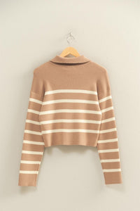 Taupe/White Striped Zip Through Sweater