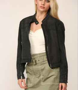 Washed Black Denim Biker Jacket