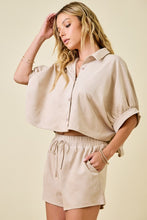 Load image into Gallery viewer, Ecru Suede Button Cropped Shirt + Shorts Set