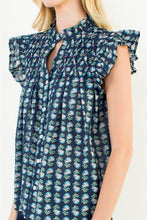 Load image into Gallery viewer, Navy Floral Button Down Flutter Slv Top (THML)