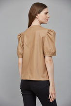 Load image into Gallery viewer, Latte Leather Split Neck Puff Slv Top