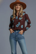 Load image into Gallery viewer, Brown Blue Rose Button Down LS Blouse