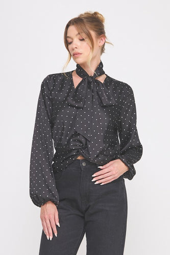 Black/White Polka Dot Satin Frnt Wrap Blouse