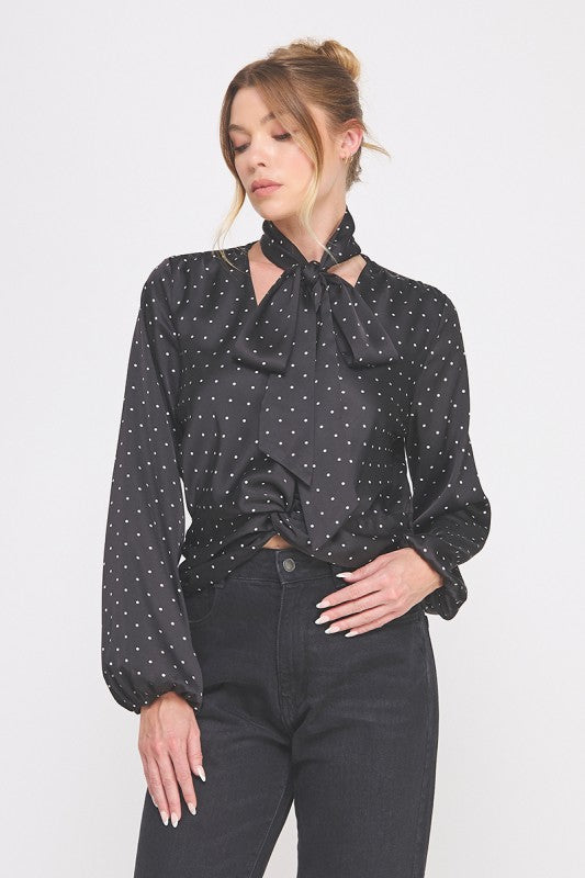 Black/White Polka Dot Satin Frnt Wrap Blouse