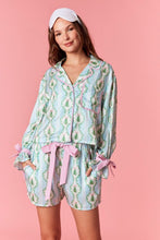 Load image into Gallery viewer, Christmas Printed Satin Top + Shorts PJ Set Blue/Green