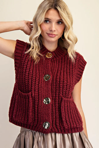 Maroon Frnt Gold Button Knit Vest
